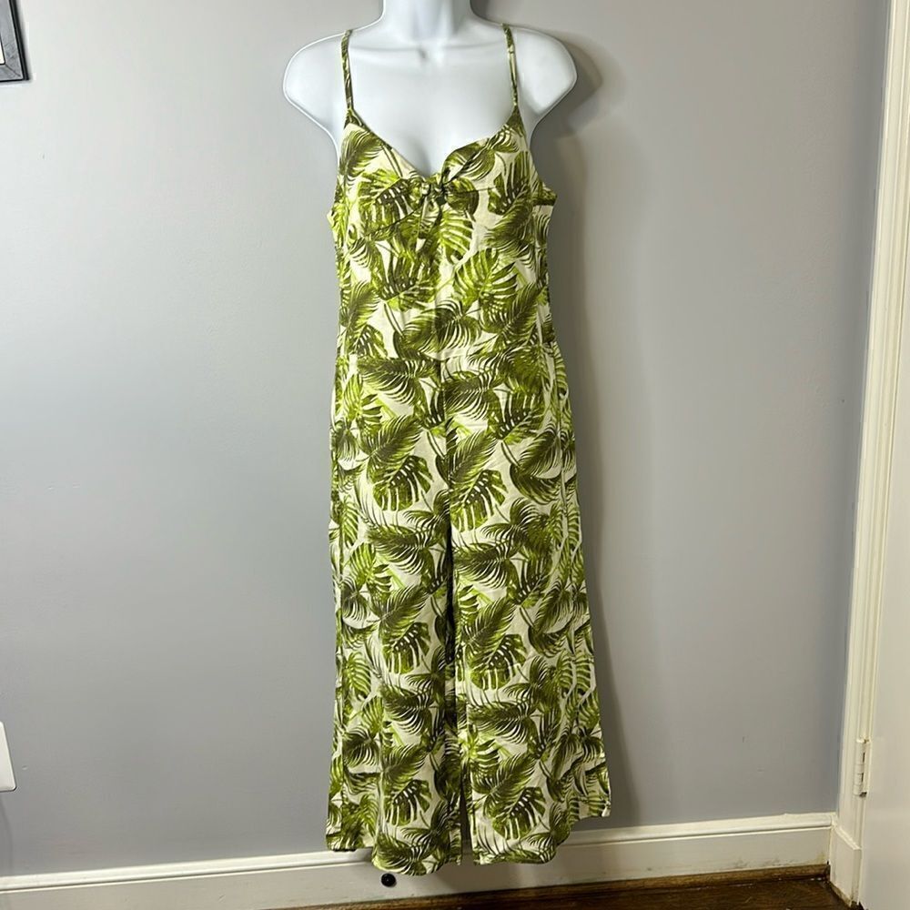 NWT Chaser Boho Tropical Green Palm Leaf Smocked Cropped Pantsuit - Size Medium